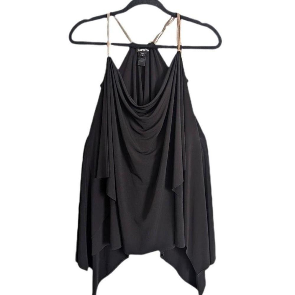 Express Y2K Going Out Top Black Draping Asymmetrical Gold Chain Strap Halter Top
